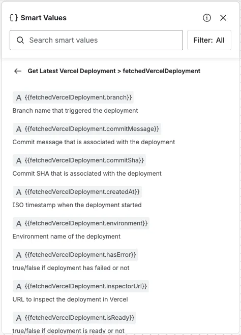 Referencing Get Latest Vercel Deployment outputs as smart values in a later step