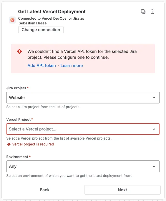 Action widget error shown when no Vercel API token is configured