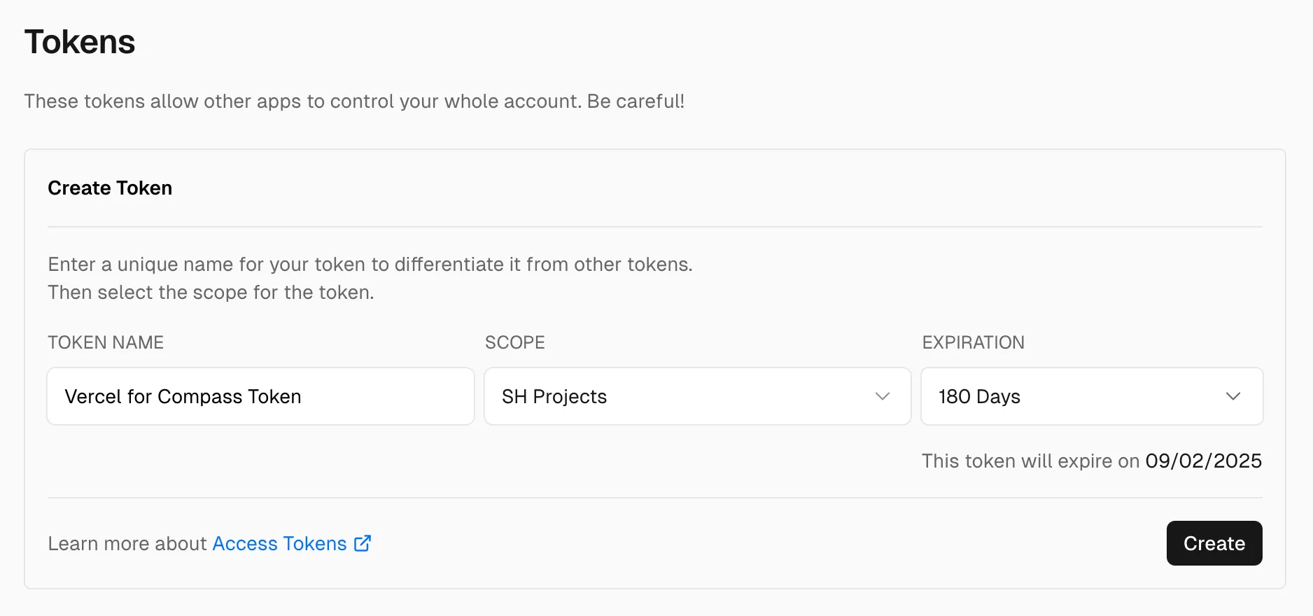 Token creation form with name, scope, and expiration fields