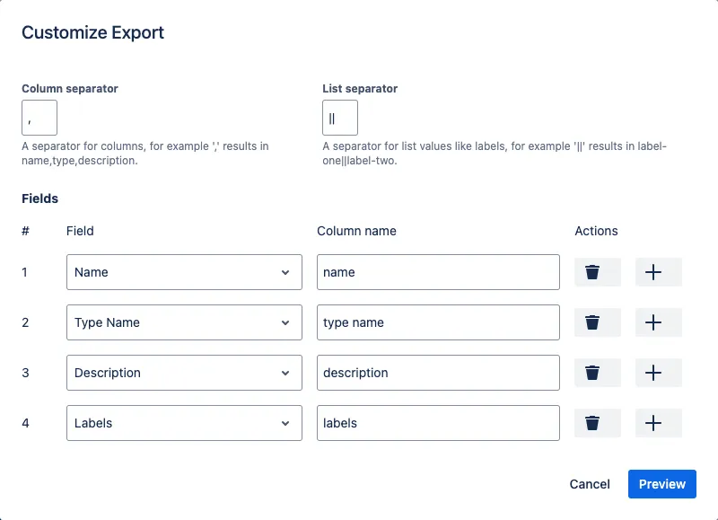Export customization dialog with field and separator options
