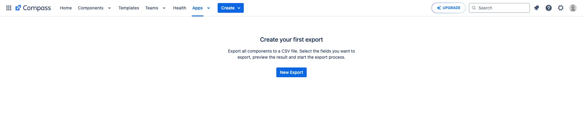 Empty state page with a New Export button