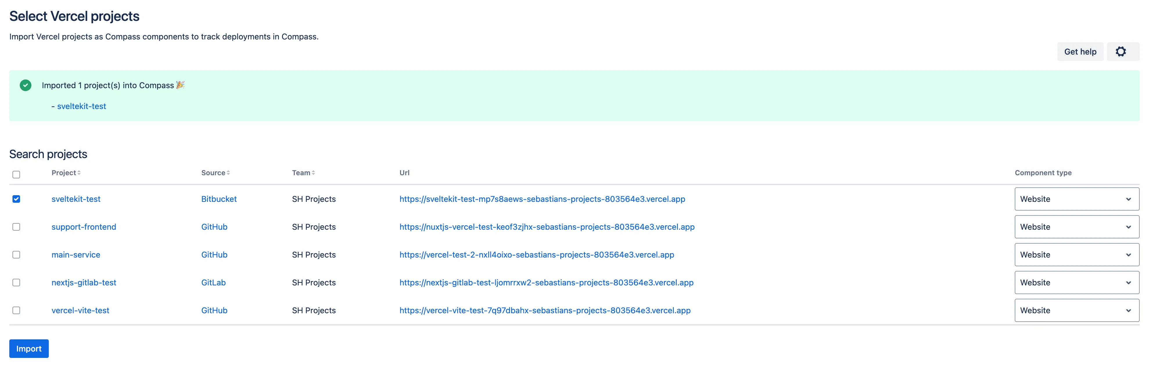 Success message after importing Vercel projects as Compass components