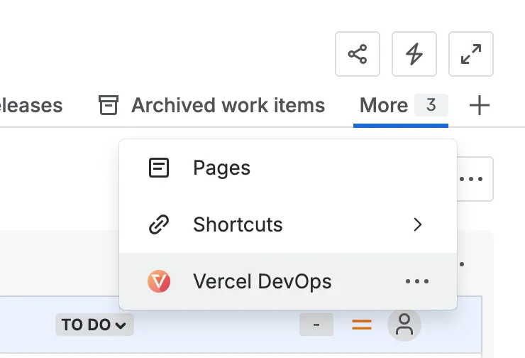Selecting the Vercel DevOps for Jira app in the Jira project pages