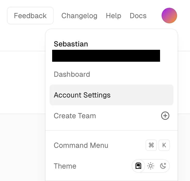 Opening Account Settings from the Vercel user menu
