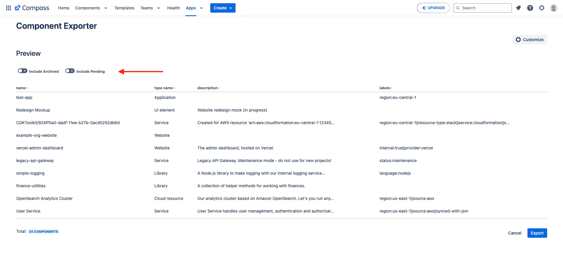 Preview table with Include Archived and Include Pending toggles highlighted