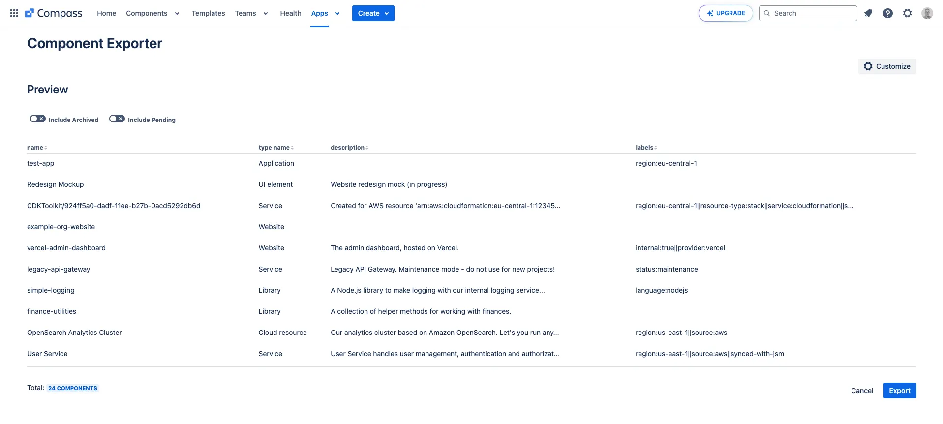 Preview table showing 10 sample components