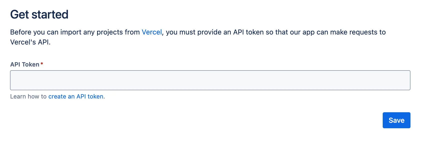 API token input field prompting for a Vercel token