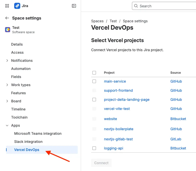 Selecting the Vercel DevOps for Jira app in the Jira project settings pages