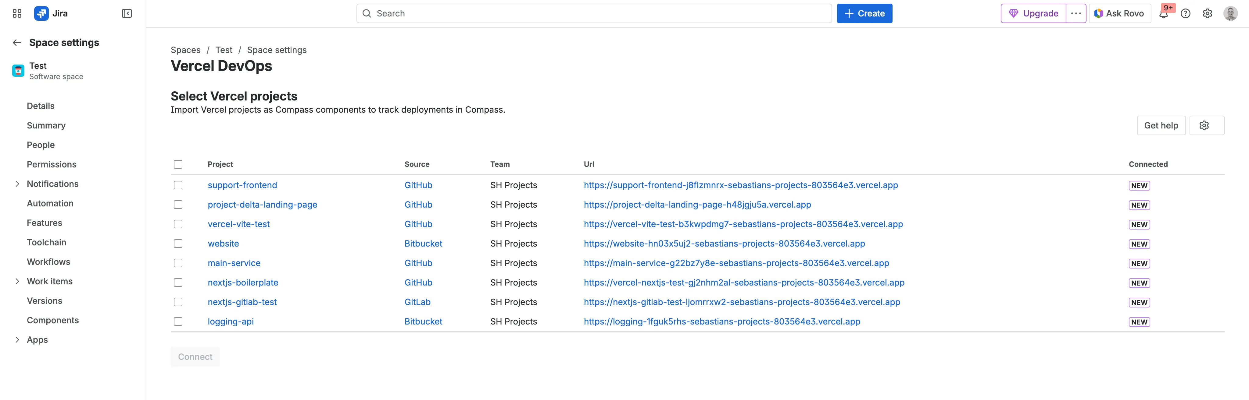Selecting Vercel projects to connect with the Jira project