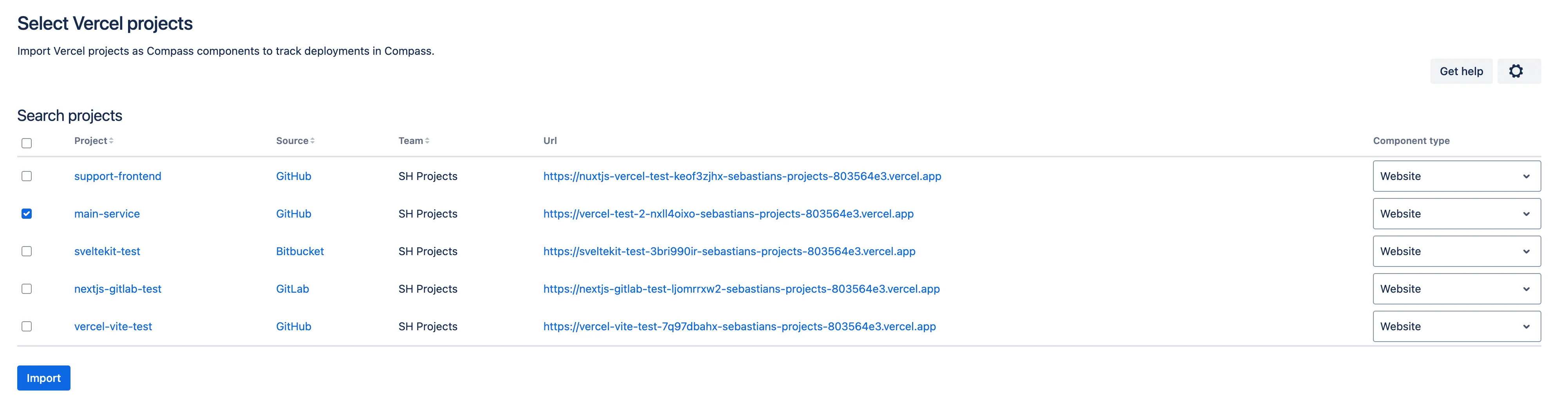 List of Vercel projects available for import