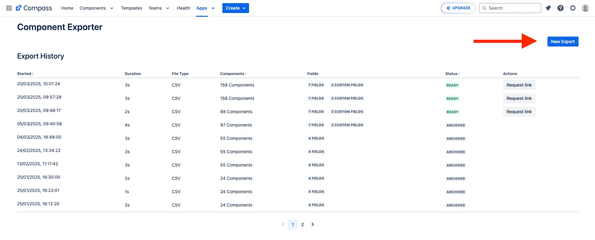 Export history page with New Export button highlighted